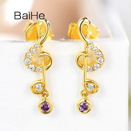BAIHE Solid 14K White/Yellow/Rose Gold Music Notation Diamond Earrings Purple Crystal Earrings Girl Little Fresh Cерьги Cережки