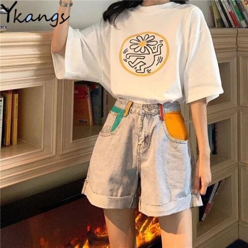 Summer Printed White T-shirt Women Denim Shorts 2-Piece Set 2021New Ladies Casual High Waist Shorts Suit Korean Wide Leg Pants