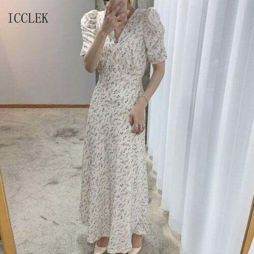 Printing Womens Dress 2021 Summer New Korean Niche V-Neck Dress Casual Dress Slim Long Dress Short Sleeve Dresses 8749