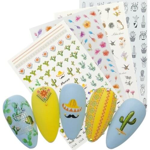 1 Sheet 3D Cactus Nail Decals Flowers Bunny Fawn Adhesive Sticker Manicure DIY Slider Foils Nail Decoration