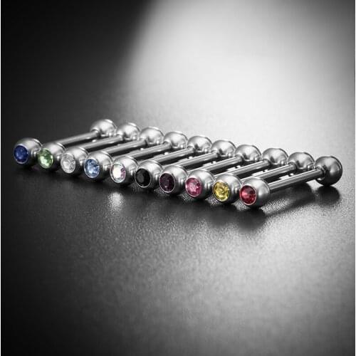 1PC New 14G Stainless Steel Tongue Rings Bars 16mm Straight Barbell Tongue Piercing Shiny CZ Crystal Piercing Jewelry for Women