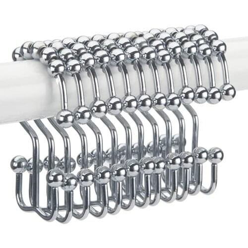 12Pcs Stainless Steel Curtain Hooks Bath Curtain Rollerball Shower Curtain Rings Hooks 5 Rollers Polished Satin Nickel Ball
