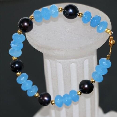 5*8mm Dyed Blue Abacus Natural Stone Chalcedony Jades Black Pearl 8-9mm Beads Bracelets Clasp Original Jewelry 7.5inch B2959