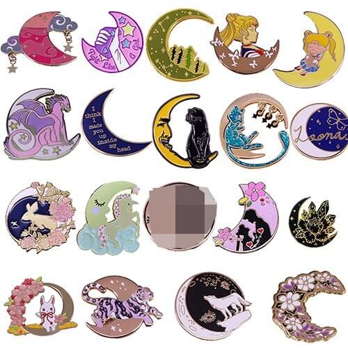 Crescent Moon Enamel Pin Luna Rabbit Cat tiger Badge Stay wild Moon Child Brooch Accessory