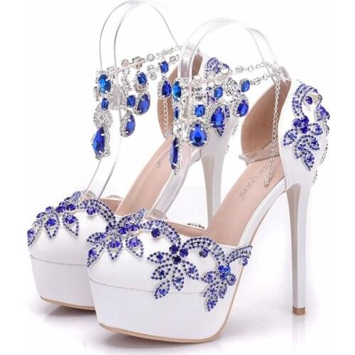 Crystal Queen Blue Rhinestone Ultra High Heel Wedding Shoes Banquet Formal Dress Shoes Crystal Tassel Bracelet Sandals 14cm HeeL