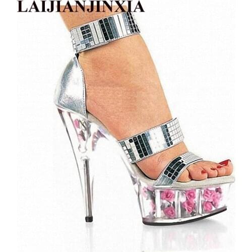 LAIJIANJINXIA 6 inch Plus Size sequins Flower Platform Sole 15cm High Heel Platforms sexy Pole Dance Shoes Sandals Wedding Shoes