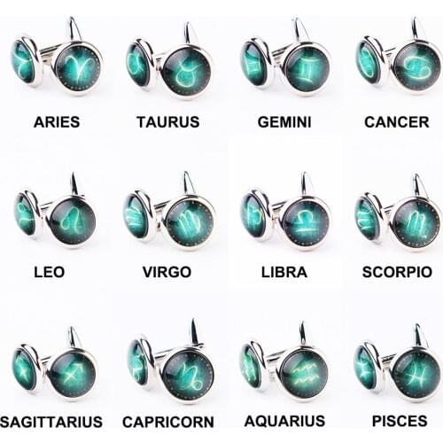 Novelty 12 Zodiac Signs Cufflinks Glass Cabochon Silver Plated Jewelry French Shirt Cuff Links Birthday Gift