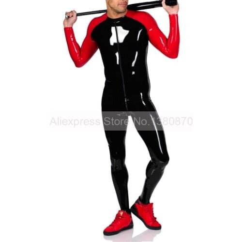 Front Zip Male Latex Catsuit Overall Black and Red Rubber Bodysuit Men Tight Suit with Feet Socks S-LCM163
