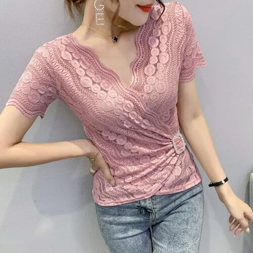 NEW 2021 Summer Short Sleeve Lace Tops Sexy V-Neck Hollow Out Women Diamond T-Shirt Plus Size Female Blusas Clothes