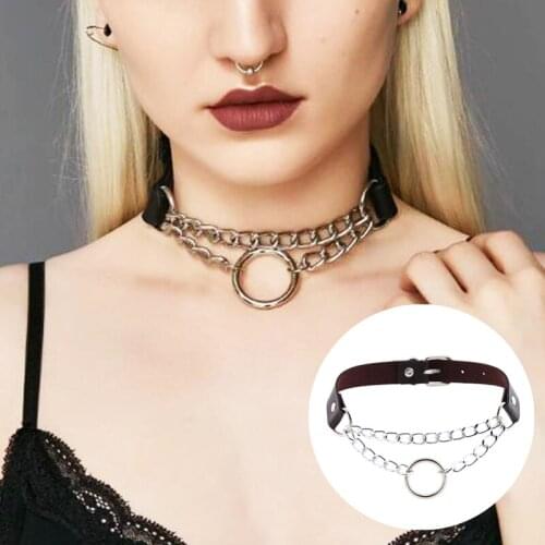 Punk Choker Necklace PU Leather Round Circle Pendant Collar Women Gothic Neck Clavicle Chain Silver Color Adjustable Chokers