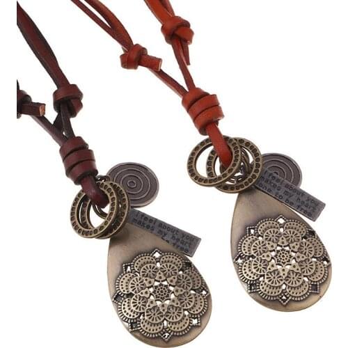 Punk Vintage Long Chain Necklace Alloy Retro Hollow Flower Pendants Statement Handmade Leather Choker Fashion Women Jewelry Gift