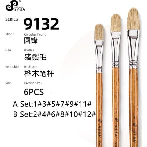 Paul Eezanne 7pcs Round Head Long Wood Handle Bristle Paint Brushes Set for Oil Gouache Watercolor School Drawing Art Supplies