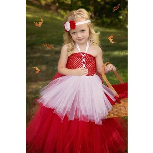 Little Girls Red Cap Tutu Dress Kids Crochet Tulle Long Dress Ball Gown with Flower Hairbow Children Cosplay Party Costume Dress