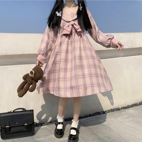 Sailor Collar Dress Womens Autumn Japanese kawaii clothing sweet lolita dress Bow Long Sleeve High Waist Plaid Sailor Dress