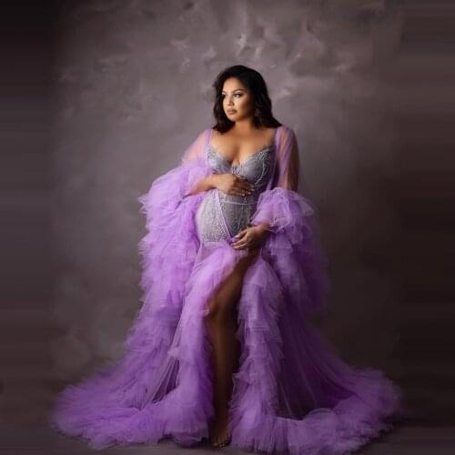 Classic Purple Maternity Robes Long Sleeves Sexy See Thru Ruffles With Train Photo Shoot Plus Size Pregnancy Gowns