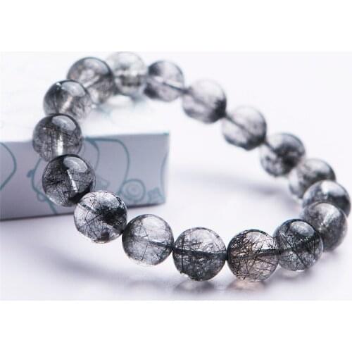 Drop Shipping Natural Black Rutilated Quartz Round Crystal Beads Bracelet Trendy Men Women Crystal Round Beads Bracelet 13mm