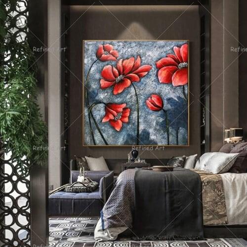 Hand Painted Abstract Texture Red Flowers On Canvas For Living Room Wall Art Home Decorations