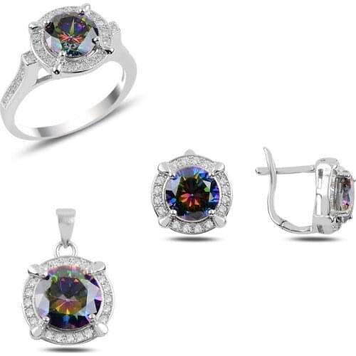 Silver 925 Sterling Mystic Topaz Zircon Engagement Set