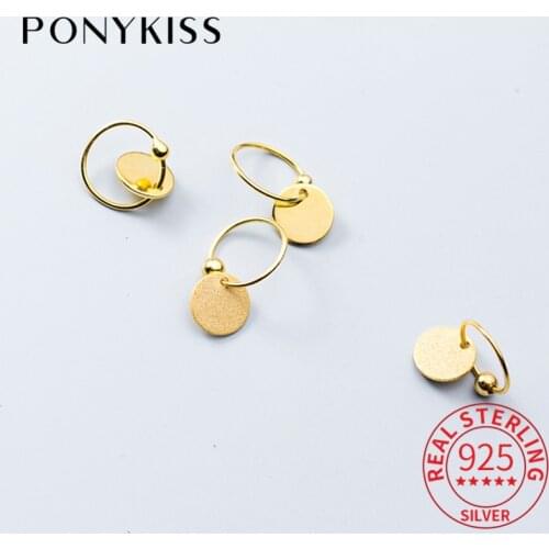 PONYKISS Classic S925 Sterling Silver Chic Gold Round Pendant Hoop Earrings Women Prevent Allergy Fine Accessory Fashion Gift