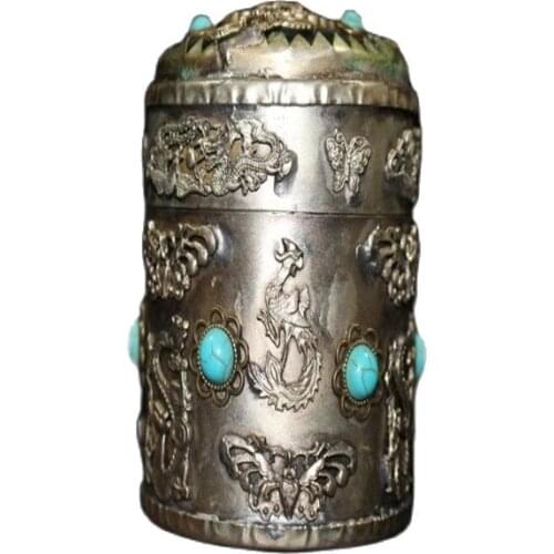 Collect antique silver inlaid turquoise garden tobacco box decorations