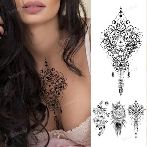 Underboob tattoo fake henna mandala sexy sternum temporary tattoo for women girl jewel tattoo breast flowers lace dreamcatcher