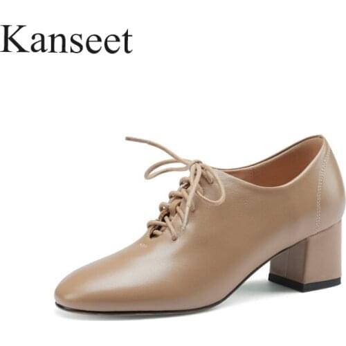 Kanseet New Spring Autumn Womens Shoes 2021 Genuine Leather Cross-Tied Handmade Round Toe Office Lady Thick Heels Female Pumps