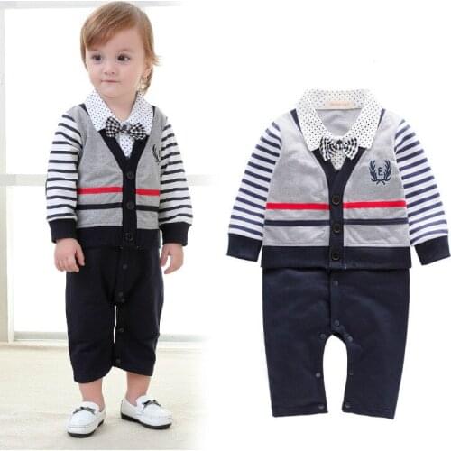 Spring Autumn Baby Boys Rompers Gentleman Stripe Tie Long Sleeve One Piece Jumpsuits Overalls Clothes