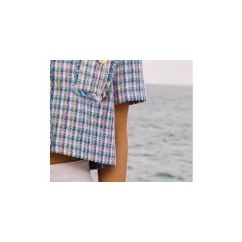 Women Tweed Plaid Jacket Or Shorts 2021 New Summer Autumn Notched Short Sleeve Single Breasted Tassels Ladies Tops