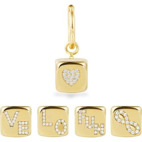 SLJELY Fashion S925 Sterling Silver Yellow Gold Color Letter LOVE FUN Single Dice Earrings with Heart Cubic Zirconia for Women