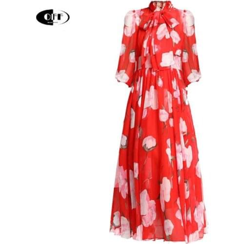 Designer Beach Red Dress Summer Spring New Fashion Women Flower Print High Quality On Holiday Elegant Midi Dresses Femme Robe ZA