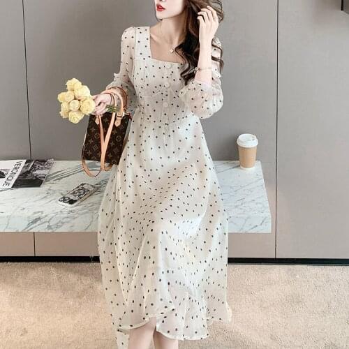 VSUE Autumn Chiffon Bohemian Polka Dot Print Square Collar Lantern Sleeve Single Breasted Slim A-Line Maxi Mid Calf Dress D3084