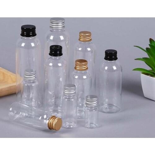 5/8/10/15/20/25/30ml Clear PET Plastic Bottle with Gold Silver Aluminum Cap Empty Emulsion Essential Oil Sample Test Tube 100pcs
