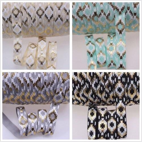 5/8" gold foil aztec printed foe elastic ribbon #815-cream, fold over elastic for DIY, 50yards/lot