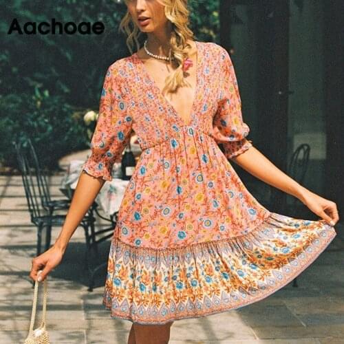 Aachoae 2021 Summer Floral Print Boho Dress V Neck Elegant Mini Dress Back Bow Tie Stylish Pleated Dress Vestido De Mujer