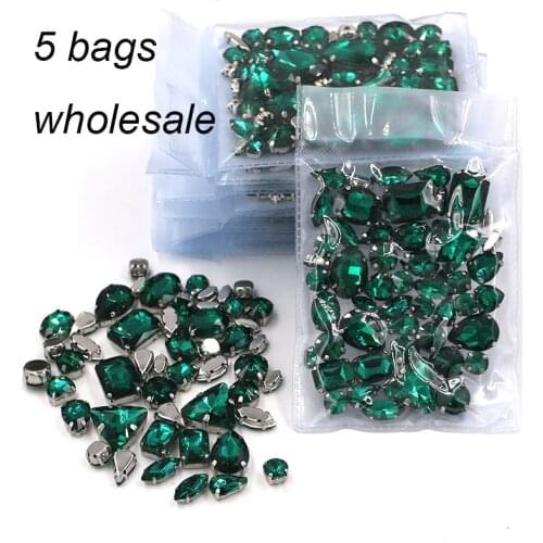 Clothing accessories Wholesale 5 bags mixed shape glass crystal sliver base Malachite green rhinestones diy wedding dress