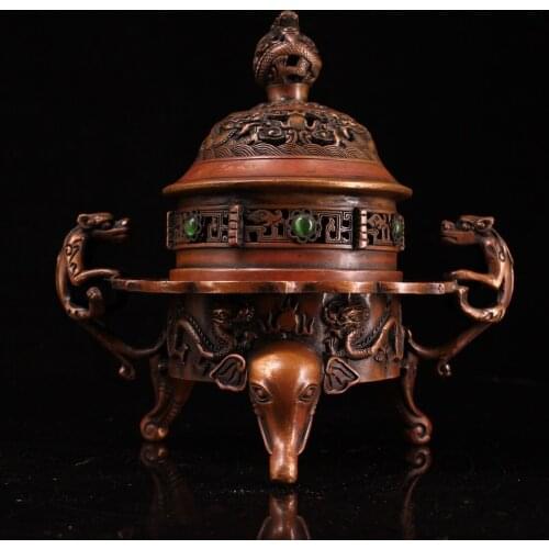 8"Chinese temple collection Old Bronze mosaic Gem Dragon statue incense burner Three-legged elephant trunk Incense Town House