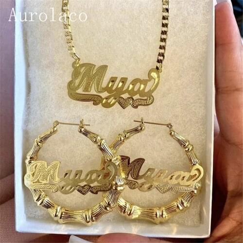 AurolaCo Custom Name Jewelry Set 3D Double Nameplate Necklace Custom Name Earrings for Women Custom18K Gold Plated Nameplate