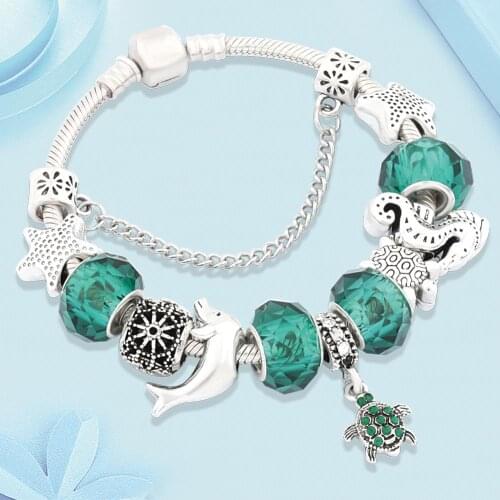 Leabyl Ocean Series Green Crystal Turtle Charm Bracelet Jewelry for Gift Silver Color Startfish Dolphin DIY Animal Bead Bracelet