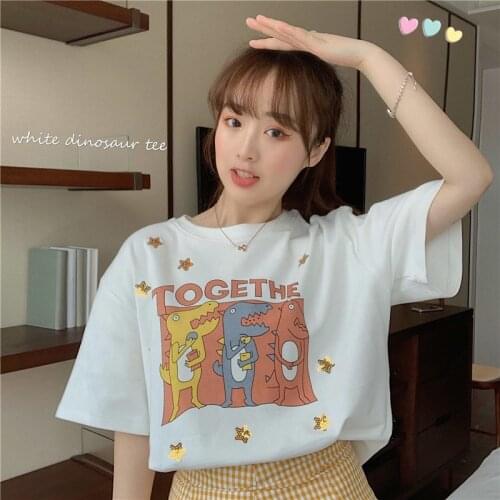 Summer Dinosaur Print T-shirts Lady Casual T-shirt Tops Harajuku Streetwear Short Sleeve O-Neck Tops Tees Camisetas Mujer