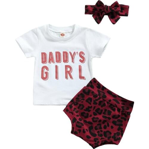 OPPERIAYA Summer Baby Girls Clothes Casual Set Letter Print Short Sleeve O-neck T-shirt Leopard Print Shorts Bow-knot Headband