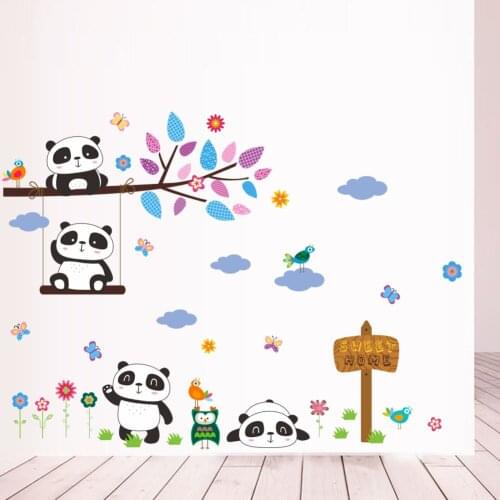 Lovely Forest Panda Birds Tree Branch Wall Stickers For Kids Rooms Home Decor Cartoon Animals Wall Decals Pvc Mural Art Poster