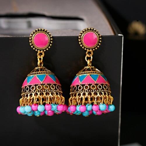 Fashion Colorful Beads Tassel Indian Jhumka Earrings For Women Ethnic Vintage Gold Alloy Bollywood Oxidized Bell Dangle Earrings