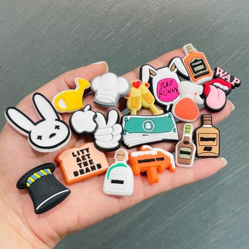 Wholesale 50Pcs Wine Apple Bad Bunny Rabbit Shoe Accessories Garden Shoe Decoration for Wristband Croc Jibz Clog Kids X-mas Gift