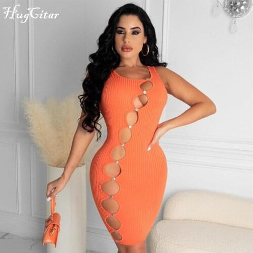Hugcitar 2021 Sleeveless O-Neck Button Bodycon Solid Asymmetric Sexy Hole Dress Summer Women Fashion Streetwear Club Outfits