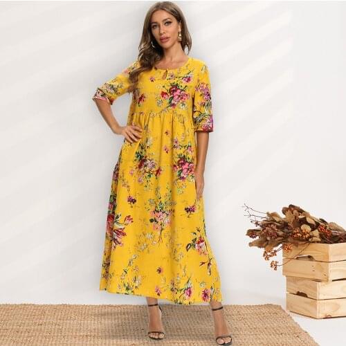 Fridayin Women Vintage Print Pure Cotton Floral Casual Holiday Style Maxi Dress O-Neck Short Sleeve Loose Vestidos