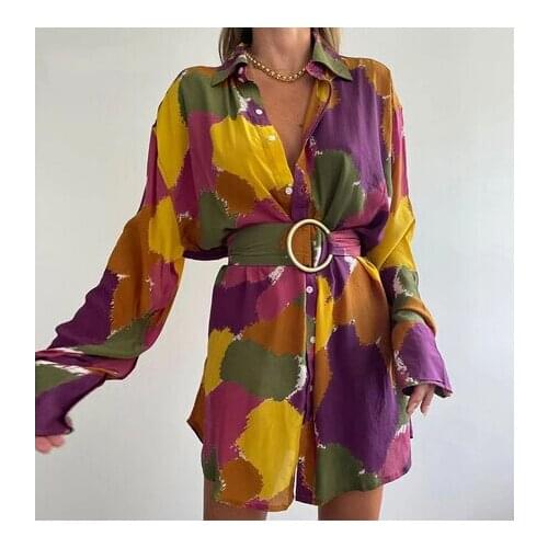 Summer Women Long Sleeve Dress Color-Block Turn-Down Collar Loose Dress with Belt Buttons Ladies Casual Short Shirt Dress