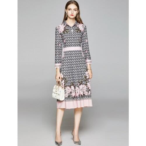 2020 Summer Fall Female Overlay Circle Pattern Floral Printed Dress Women Elegant Wrist Sleeve Slim Waist Ladies Midi Vestidos