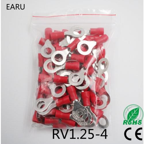 RV1.25-4 Red Ring Insulated Wire Connector Electrical Crimp Terminal RV1.25-4 Cable Wire Connector 100PCS RV1-4 RV