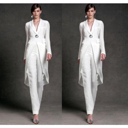 Chiffon Mother of the Bride Dresses Pants Suits V-Neck Long Sleeves Formal Evening Gowns Ankle Length Mother of the Bride Suits