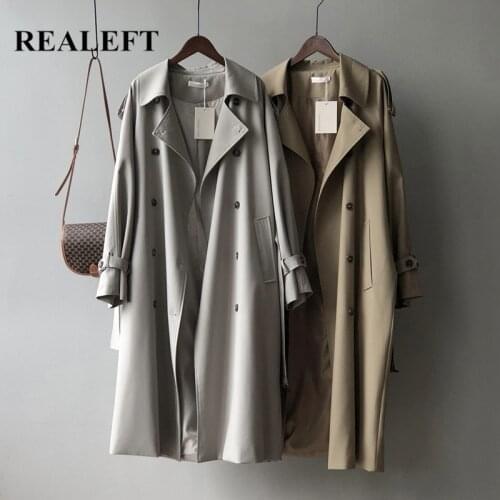 REALEFT 2021 Vintage Womens Trench Coat Lady Fashionable Korean Style Solid Color Long Sleeve Winter Outwear Windbreaker Female